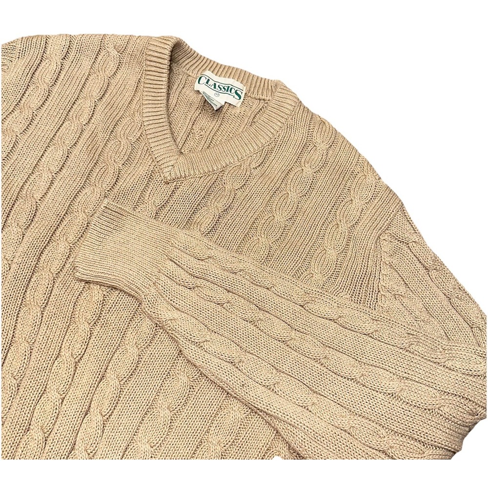 Vintage 90's‎ Classics Tan V-Neck Fisherman Cable Knit Cotton Sweater Women's M